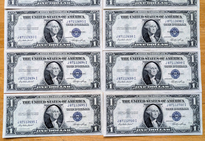 Set of 10 1935 E Silver Certificate 1 Dollar Consecutive Notes - Sequential Serial Numbers - 1935E One Dollar Blue Seal Note - Fr#1614