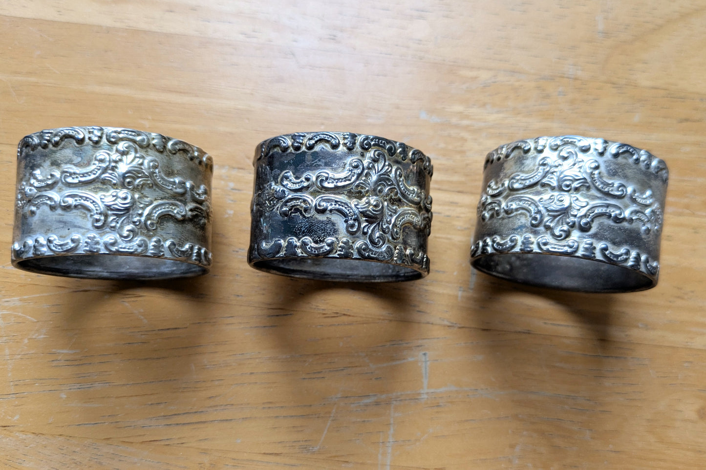 Vintage Set of 3 Rococo Floral Repoussé Napkin Rings - Tested Silverplate - Dinner Parties - Measurements Seen in Photos