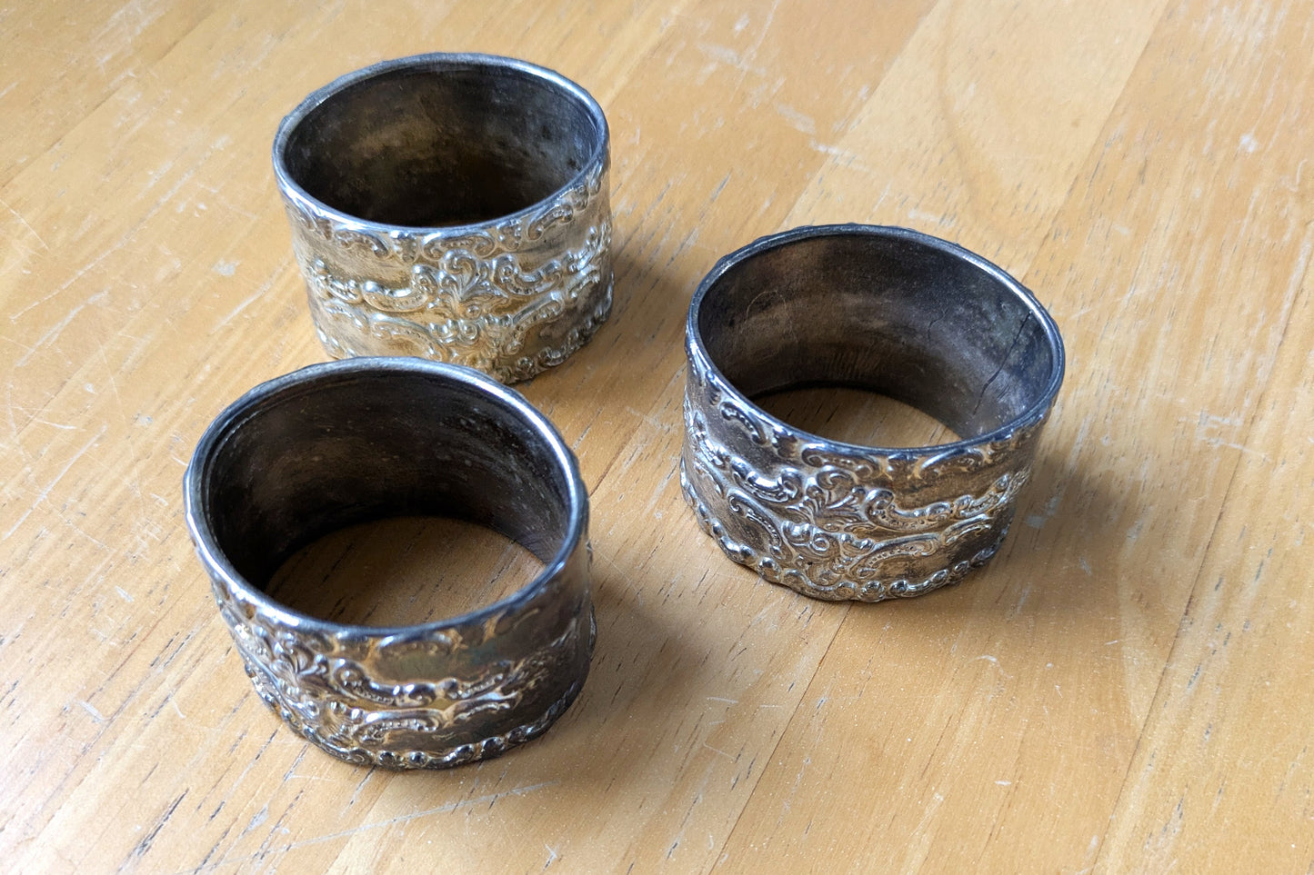 Vintage Set of 3 Rococo Floral Repoussé Napkin Rings - Tested Silverplate - Dinner Parties - Measurements Seen in Photos