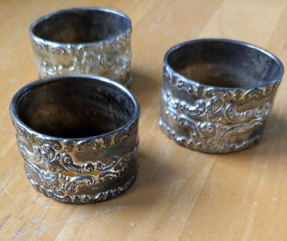 Vintage Set of 3 Rococo Floral Repoussé Napkin Rings - Tested Silverplate - Dinner Parties - Measurements Seen in Photos