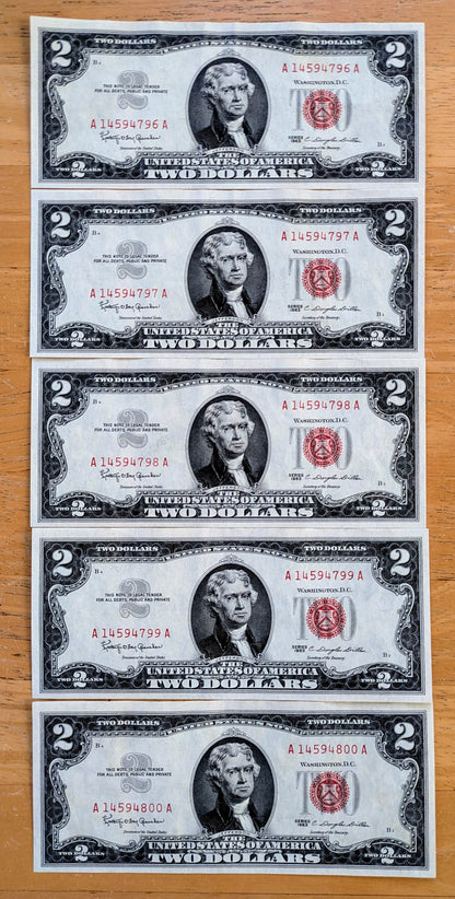 Set of 5 Consecutive Serial 1963 Legal Tender 2 Dollar Notes - Uncirculated - 1963 Two Dollar Legal Tender Notes Sequential Set - Fr.1513