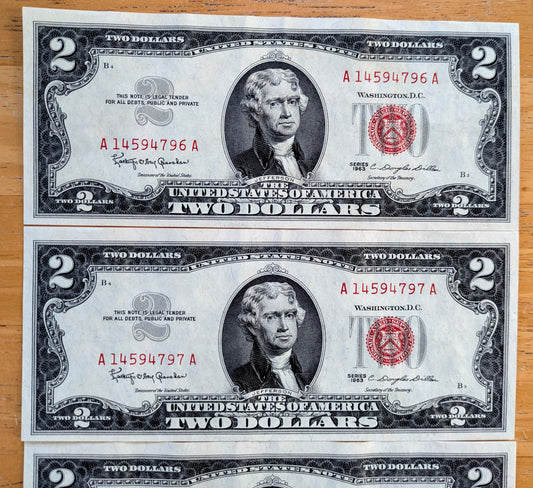 Set of 5 Consecutive Serial 1963 Legal Tender 2 Dollar Notes - Uncirculated - 1963 Two Dollar Legal Tender Notes Sequential Set - Fr.1513