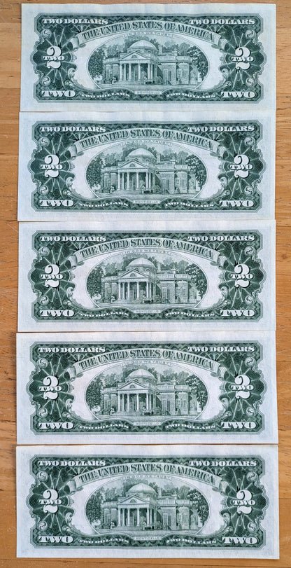 Set of 5 Consecutive Serial 1963 Legal Tender 2 Dollar Notes - Uncirculated - 1963 Two Dollar Legal Tender Notes Sequential Set - Fr.1513