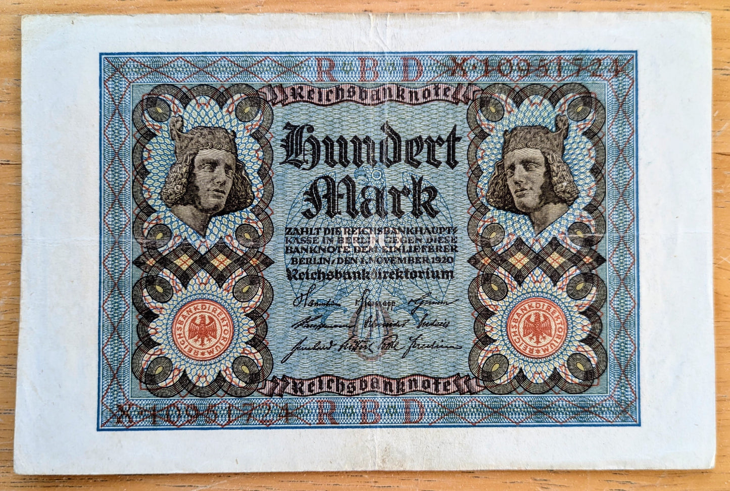 1920 Germany 100 Mark Note - Reichsbanknote - 8 Digit Serial Number, O Underprint - WWI Era German One Hundred Marks Banknote - P#59b