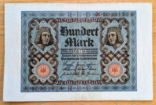 1920 Germany 100 Mark Note - Reichsbanknote - 8 Digit Serial Number, O Underprint - WWI Era German One Hundred Marks Banknote - P#59b