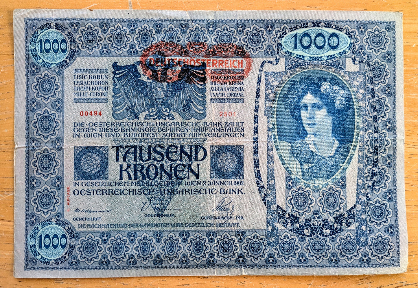 1919 (1902) Austria-Hungary 1000 Kronen Note - 1919 Austria Overprint - Rarer Reverse - 1902 Austrian One Thousand Krone Stamped Note - P#60