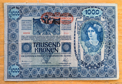 1919 (1902) Austria-Hungary 1000 Kronen Note - 1919 Austria Overprint - Rarer Reverse - 1902 Austrian One Thousand Krone Stamped Note - P#60