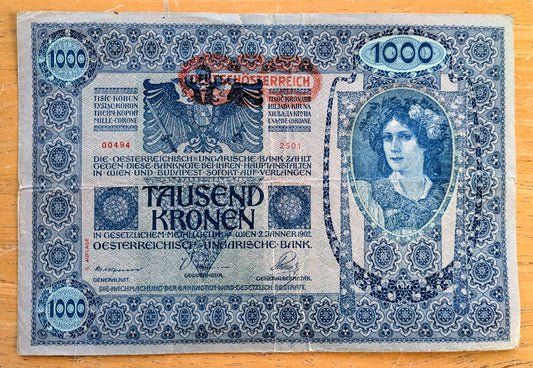 1919 (1902) Austria-Hungary 1000 Kronen Note - 1919 Austria Overprint - Rarer Reverse - 1902 Austrian One Thousand Krone Stamped Note - P#60