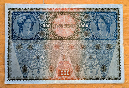 1919 (1902) Austria-Hungary 1000 Kronen Note - 1919 Austria Overprint - Rarer Reverse - 1902 Austrian One Thousand Krone Stamped Note - P#60