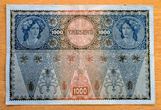 1919 (1902) Austria-Hungary 1000 Kronen Note - 1919 Austria Overprint - Rarer Reverse - 1902 Austrian One Thousand Krone Stamped Note - P#60