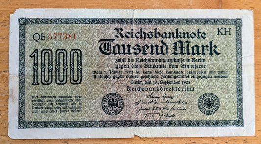 1922 Germany 1000 Mark Banknote - Reichsbanknote - Rarer Knotted Rope Watermark - 1922 One Thousand Mark Note - P#76f
