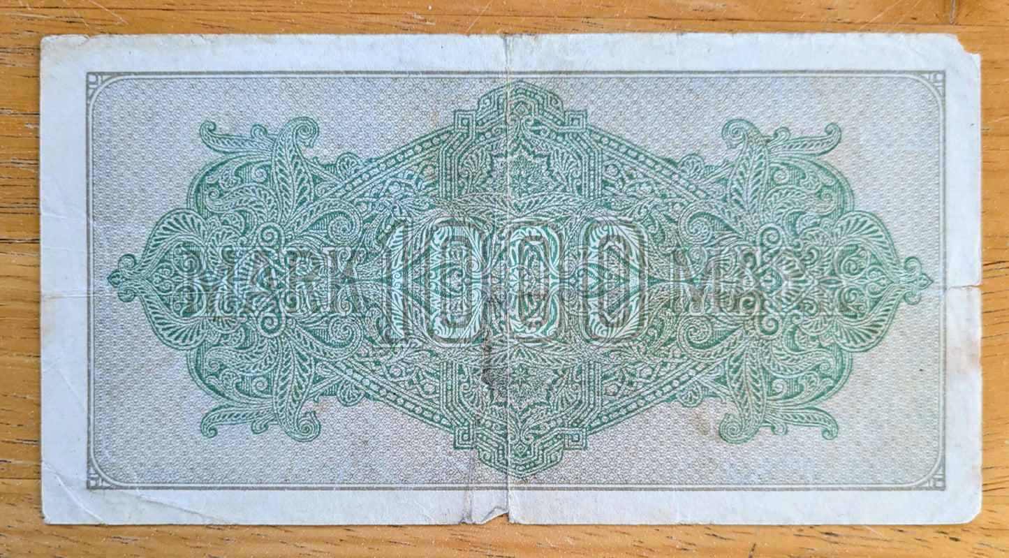 1922 Germany 1000 Mark Banknote - Reichsbanknote - Rarer Knotted Rope Watermark - 1922 One Thousand Mark Note - P#76f