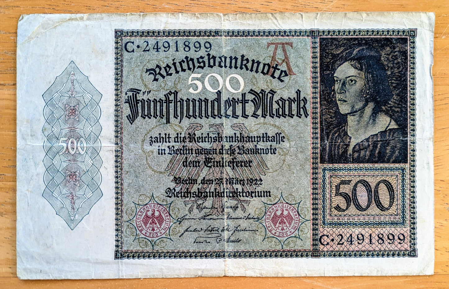 1922 Germany 500 Mark Note - Reichsbanknote - Prefix C - German Inflation Note - 1922 German Five Hundred Marks Banknote - P#73