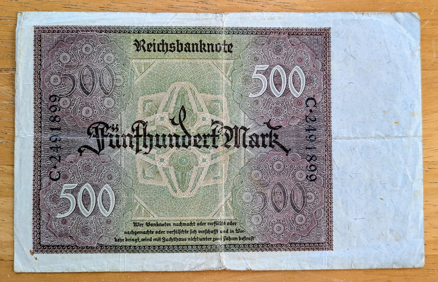 1922 Germany 500 Mark Note - Reichsbanknote - Prefix C - German Inflation Note - 1922 German Five Hundred Marks Banknote - P#73