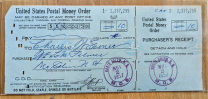 1957 U.S. Postal Service Money Order Check - North Salem NH Stamp - Full Check and Receipt - 1957 Salem New Hampshire Post Office Check