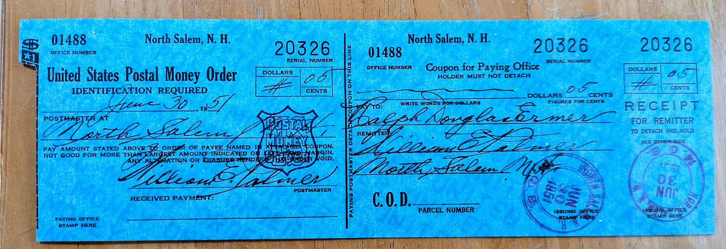1951 U.S. Postal Service Money Order Check - North Salem NH Stamp - Complete Check - 1951 Salem New Hampshire Post Office Check