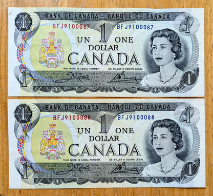 1973 Canadian 1 Dollar Consecutive Serial Banknotes - Crow / Bouey Signatures - Pair or Trio Set - 1973 Canada One Dollar Note - P#85c