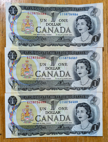 1973 Canadian 1 Dollar Consecutive Serial Banknotes - Crow / Bouey Signatures - Pair or Trio Set - 1973 Canada One Dollar Note - P#85c