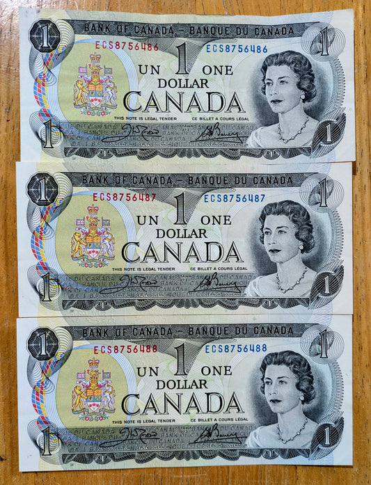 1973 Canadian 1 Dollar Consecutive Serial Banknotes - Crow / Bouey Signatures - Pair or Trio Set - 1973 Canada One Dollar Note - P#85c