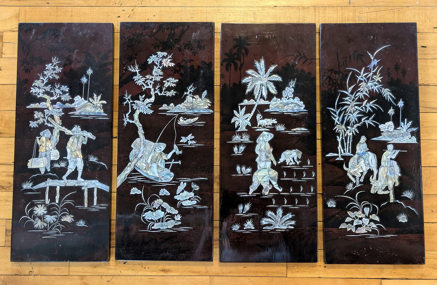 Mother Of Pearl 4 Piece Panel Set Black Lacquer Wall Art - Vintage Handmade Four Pc Set Mother Of Pearl Inlay Wall Art