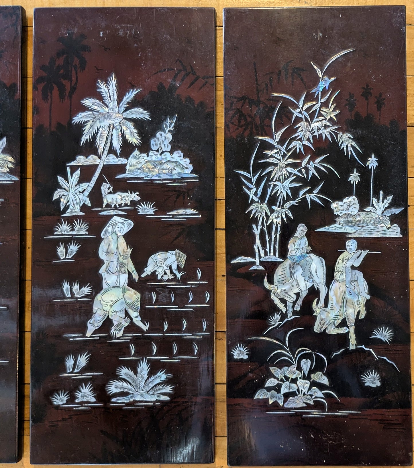 Mother Of Pearl 4 Piece Panel Set Black Lacquer Wall Art - Vintage Handmade Four Pc Set Mother Of Pearl Inlay Wall Art