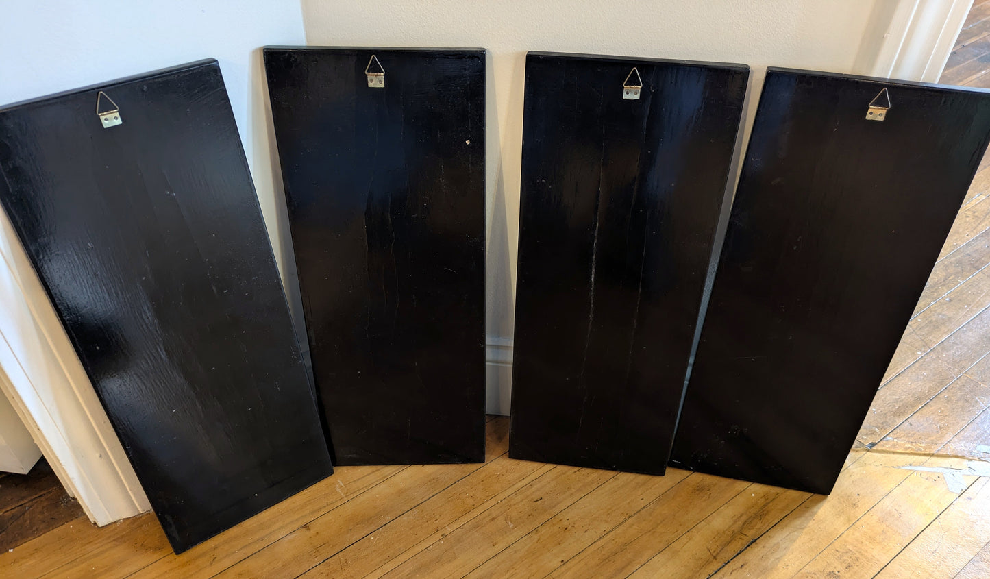 Mother Of Pearl 4 Piece Panel Set Black Lacquer Wall Art - Vintage Handmade Four Pc Set Mother Of Pearl Inlay Wall Art