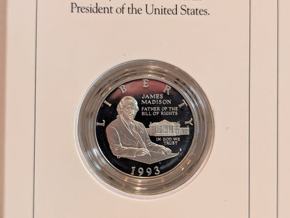 1993 Bill of Rights Commemorative Coin & Stamp Set US Mint - James Madison 90% Silver Half Dollar & Stamp Set