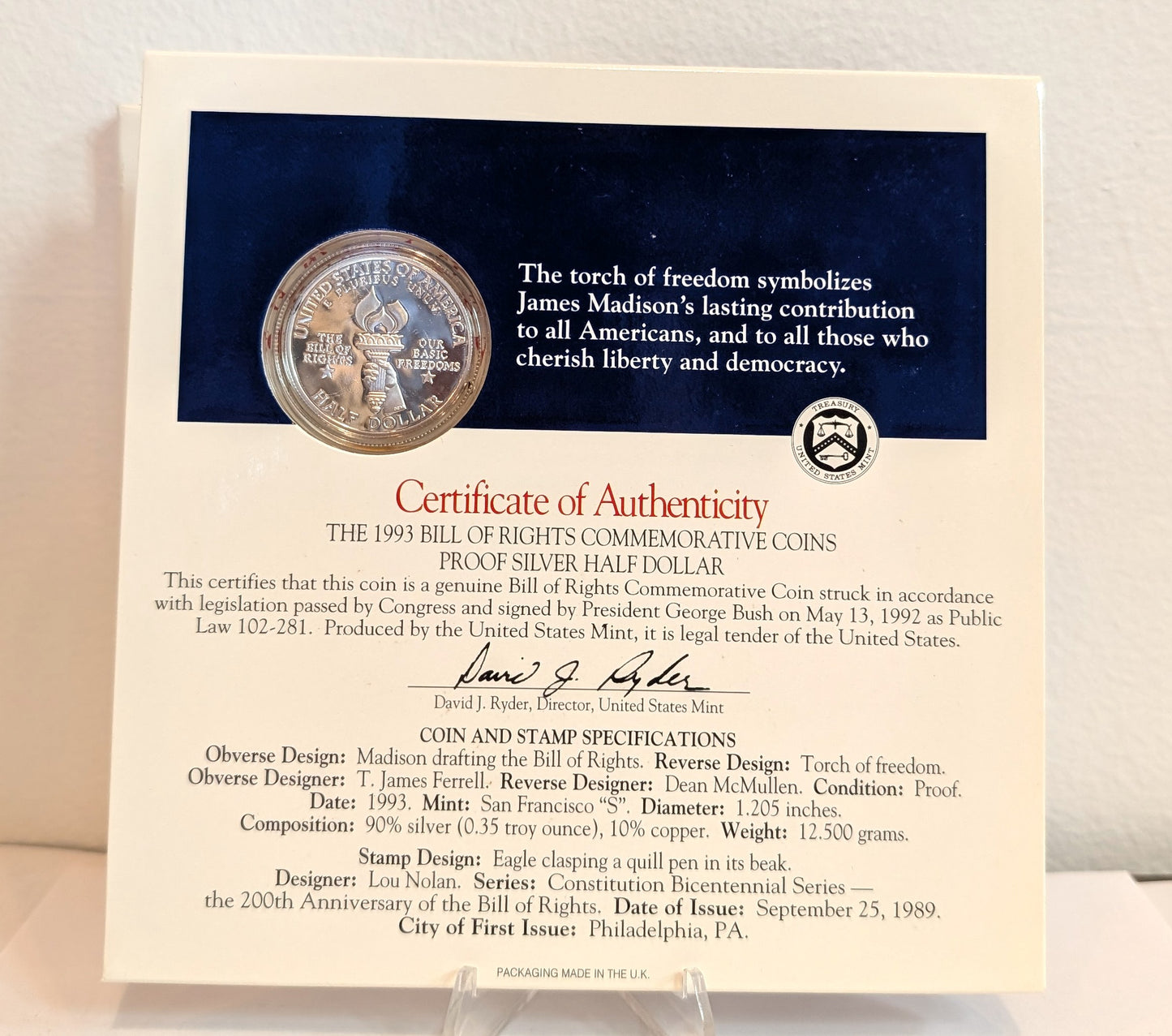 1993 Bill of Rights Commemorative Coin & Stamp Set US Mint - James Madison 90% Silver Half Dollar & Stamp Set