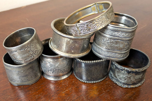 Variety of Unique Napkin Rings - 8 Napkin Rings - Silverplated - Dinner Parties - Varying Shapes and Designs