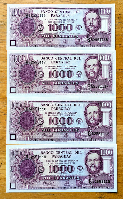 Consecutive Set of 4 2002 Paraguay 1000 Guaranies Notes - Commemorative Issue - 2002 Paraguay One Thousand Guaranies Sequential Note - P#221