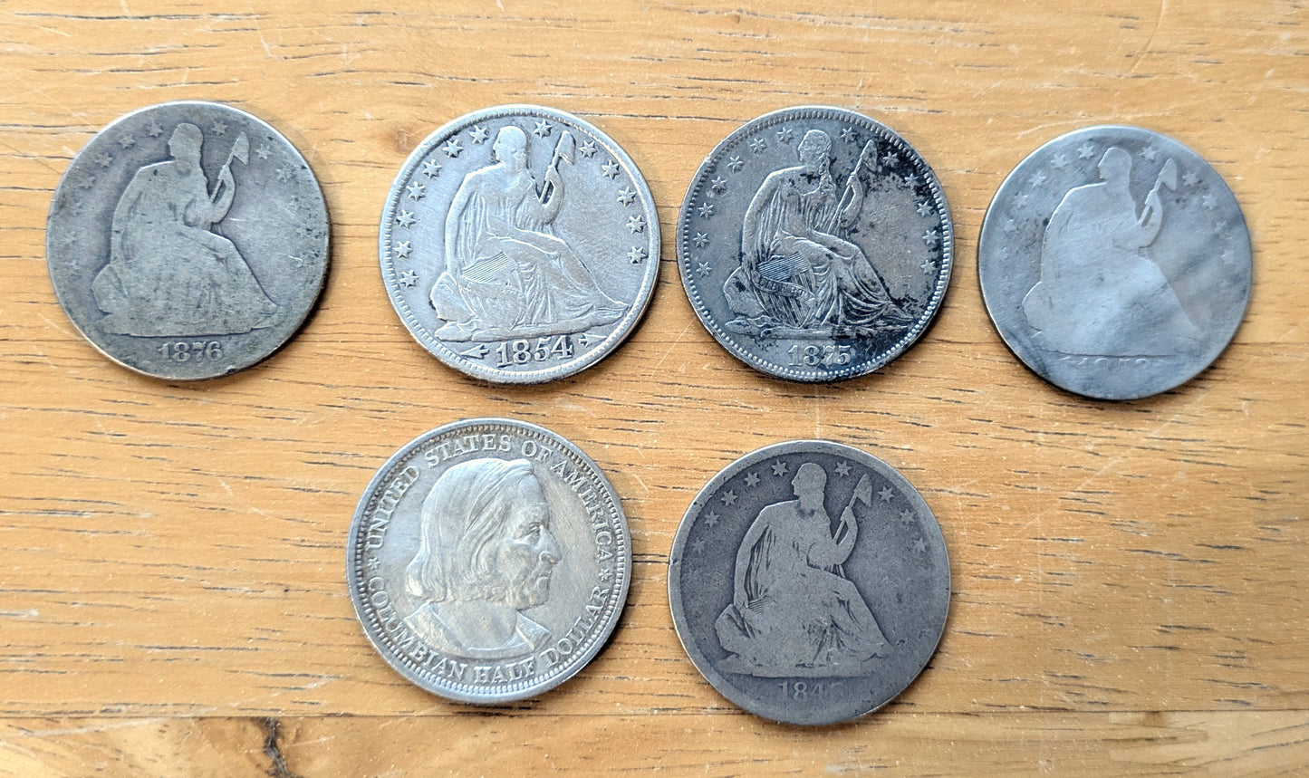 Silver Half Dollar Collection - 5 Half Dollars - Various Dates and Mints - Seated Liberty Halves, Columbus Halves