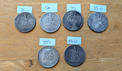 Silver Half Dollar Collection - 5 Half Dollars - Various Dates and Mints - Seated Liberty Halves, Columbus Halves