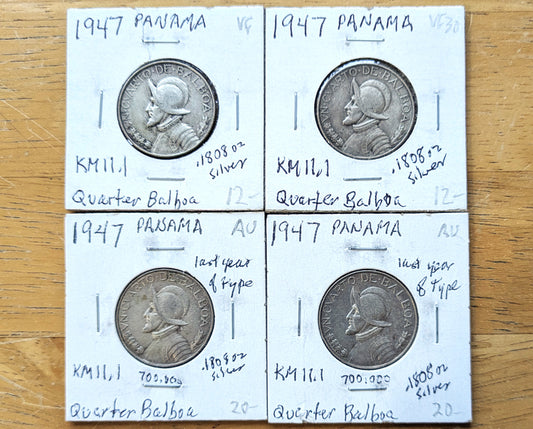 Lot of 4 Panama 1/4 Balboas 1947 - Great Conditions, Great Deal - 90% Silver Quarter Balboa Coin 1947 Panama, Only 700,000 Made