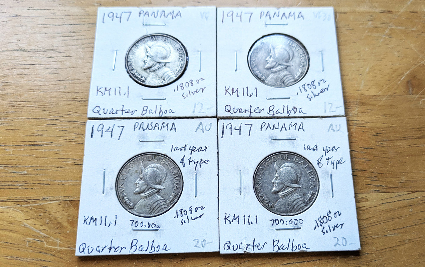 Lot of 4 Panama 1/4 Balboas 1947 - Great Conditions, Great Deal - 90% Silver Quarter Balboa Coin 1947 Panama, Only 700,000 Made