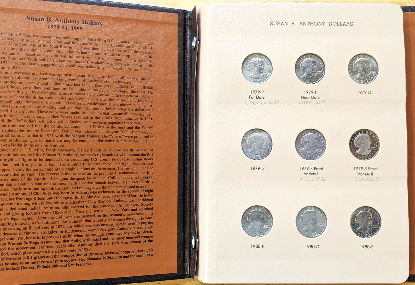 Complete Set of Susan B Anthony Dollars 1979-1981-S - All Types, Dansco Album - Beautiful Coins, Including 1981-S Proof Variety II