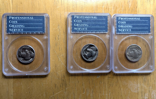 Vintage PCGS Rattler Buffalo Nickel Trio – Near-Consecutive Certs (1937 MS65 / 1938-D MS66 & MS65) – Original Submission Lot