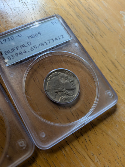 Vintage PCGS Rattler Buffalo Nickel Trio – Near-Consecutive Certs (1937 MS65 / 1938-D MS66 & MS65) – Original Submission Lot