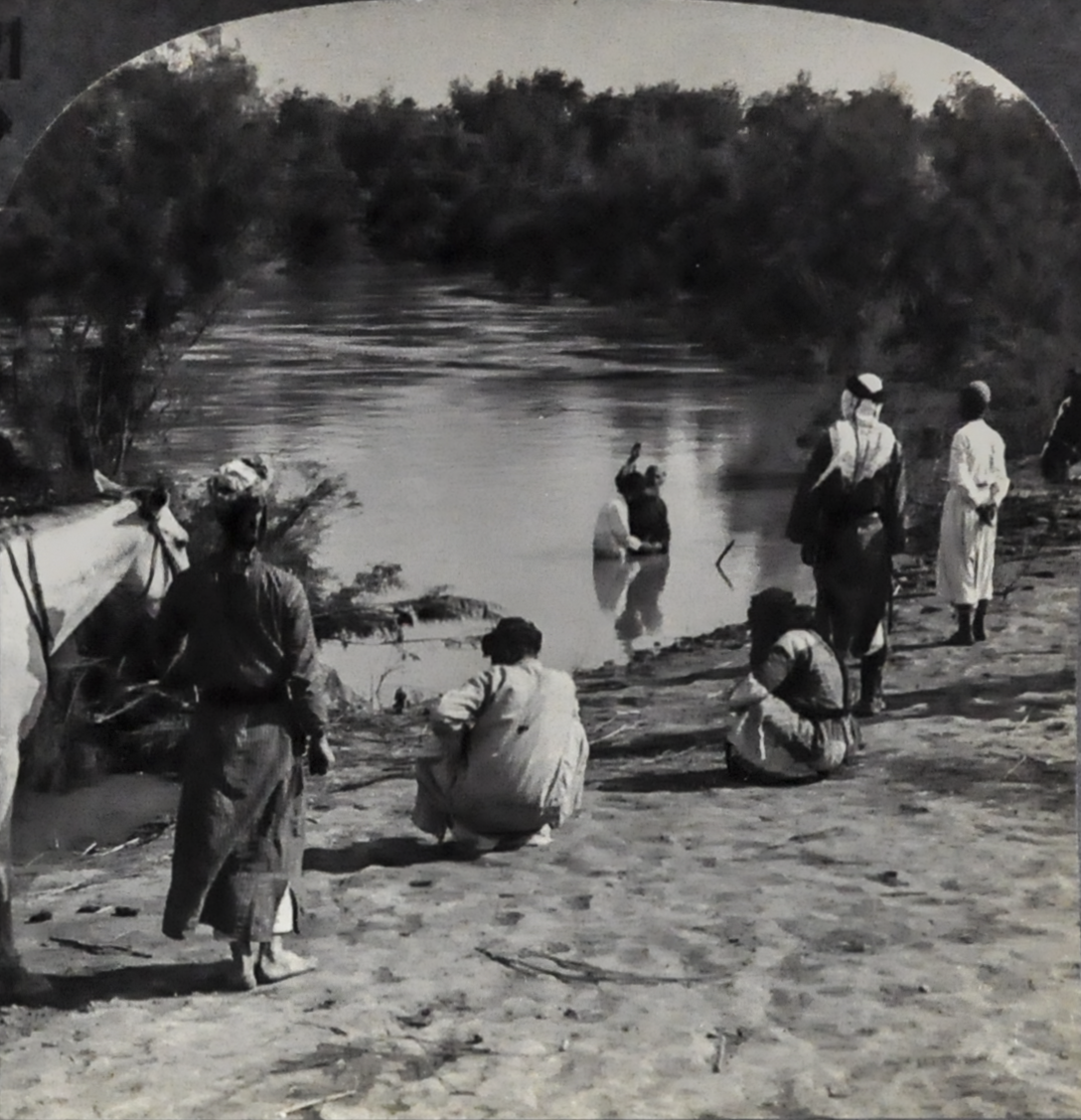 Antique Keystone Stereoview of Pilgrim Baptism in River Jordan, Palestine - No. V19691T - 1930s Rarer World Tour Series Palestine Photo Card