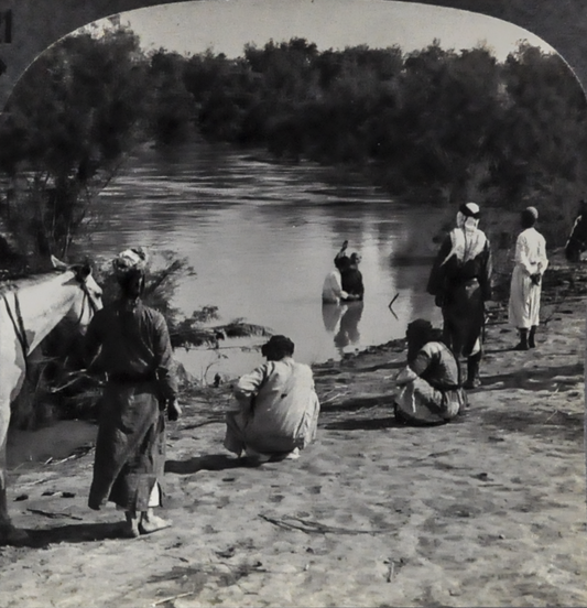Antique Keystone Stereoview of Pilgrim Baptism in River Jordan, Palestine - No. V19691T - 1930s Rarer World Tour Series Palestine Photo Card