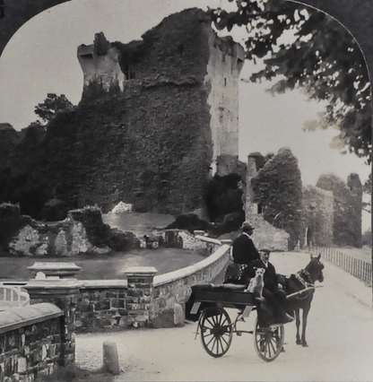 Antique Keystone Stereoview of Ross Castle and Irish Jaunting Car in Lakes of Killarney - V12687 - 1920s Historic Ireland Castle Stereoview