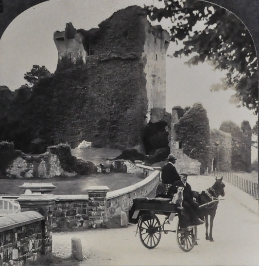 Antique Keystone Stereoview of Ross Castle and Irish Jaunting Car in Lakes of Killarney - V12687 - 1920s Historic Ireland Castle Stereoview