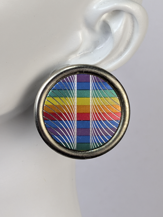 Vintage Statement Button Clip-On Rainbow Earrings - 1960's Rainbow Clip-on Button Earrings