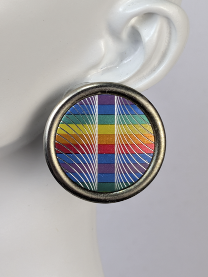 Vintage Statement Button Clip-On Rainbow Earrings - 1960's Rainbow Clip-on Button Earrings