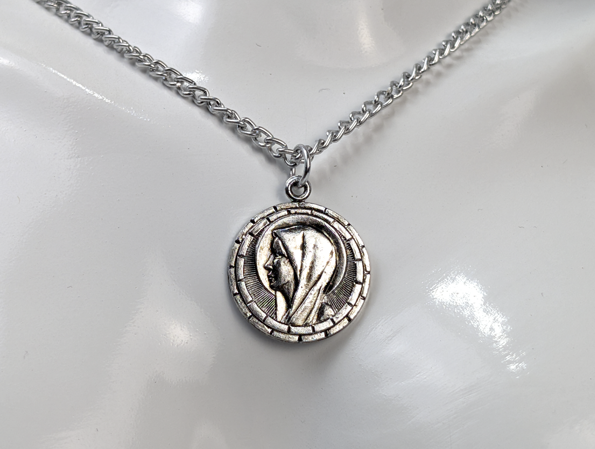 Portrait of The Virgin Mary Silver Toned Religious Necklace - Aluminum Hong Kong Stamped Mary Necklace