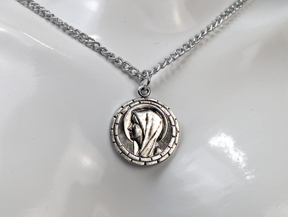 Portrait of The Virgin Mary Silver Toned Religious Necklace - Aluminum Hong Kong Stamped Mary Necklace