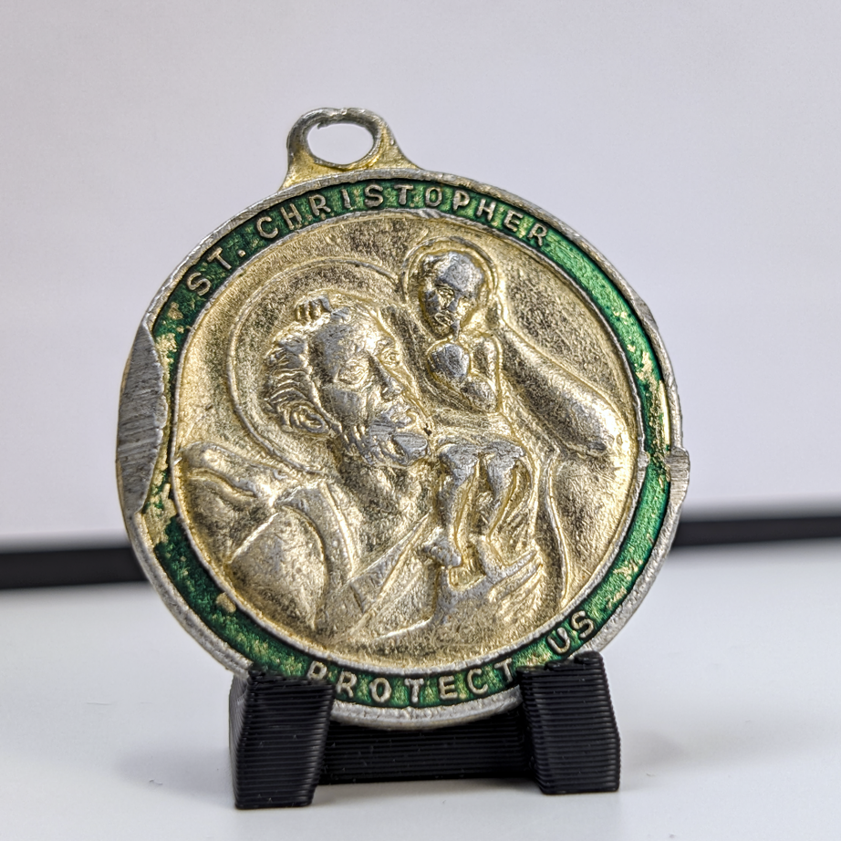 Vintage Saint. Christophers Protection Aluminum Pendant - Protect Us St. Christopher Religious Medallion