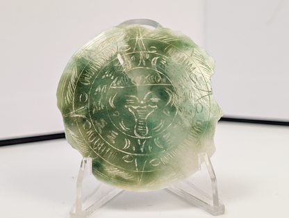 Antique Inca Carved Sun God on Natural Green Stone - Unique Aztec Calendar Carved Stone