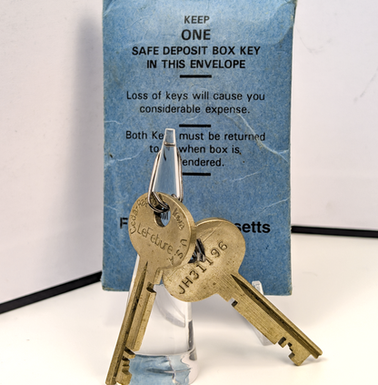 First Massachusetts Bank Safety Deposit Box Pair of Key - Vintage Safety Deposit Box Set of Keys