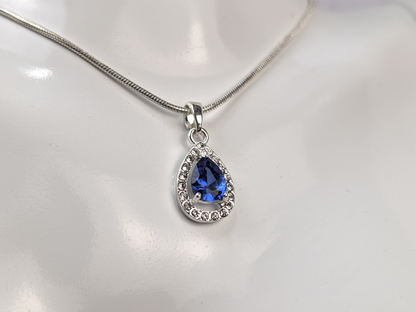 Blue Sapphire Pear Shaped Necklace Pendant - Teardrop Blue and White Sapphire Necklace Charm