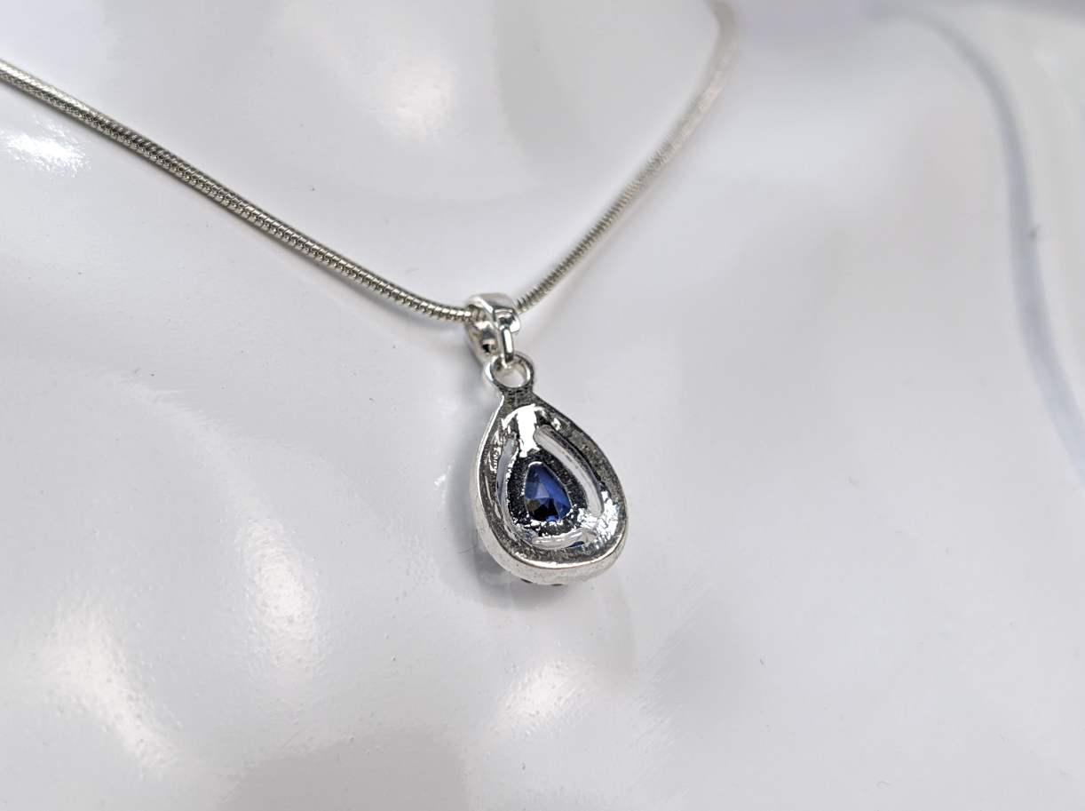 Blue Sapphire Pear Shaped Necklace Pendant - Teardrop Blue and White Sapphire Necklace Charm